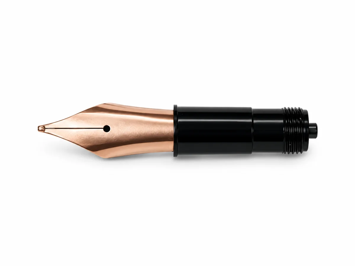 Bock #6 Type 250 series fountain pen nib front view in radiant rose gold plating with engraved scroll flourish